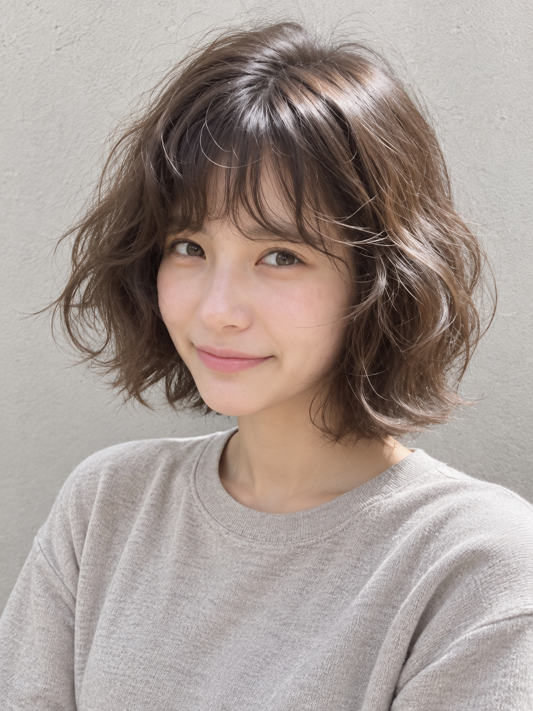 짧은 웨이브 앞머리와 정수리 높이를 보여주는 AI 참고 이미지