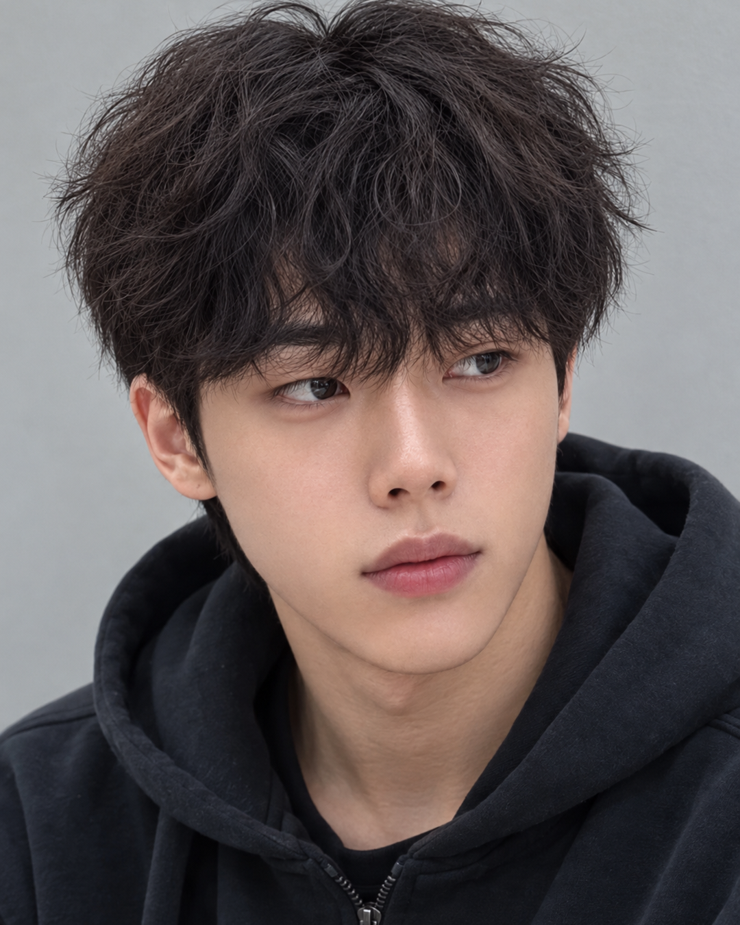스타일 설명을 위해 AI로 만든 참고 이미지이며, 실제 고객의 시술 사진이 아닙니다. 눈썹 부근에서 겹치는 앞머리와 둥글게 모인 윗머리.